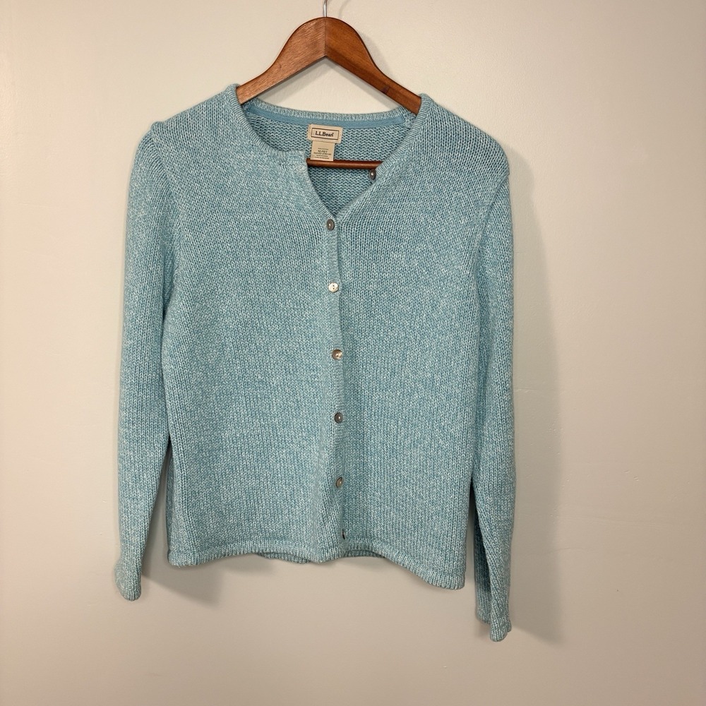 L.L.Bean Cardigan Sweater Womens M Petite Aqua Blue Marled Shaker Knit